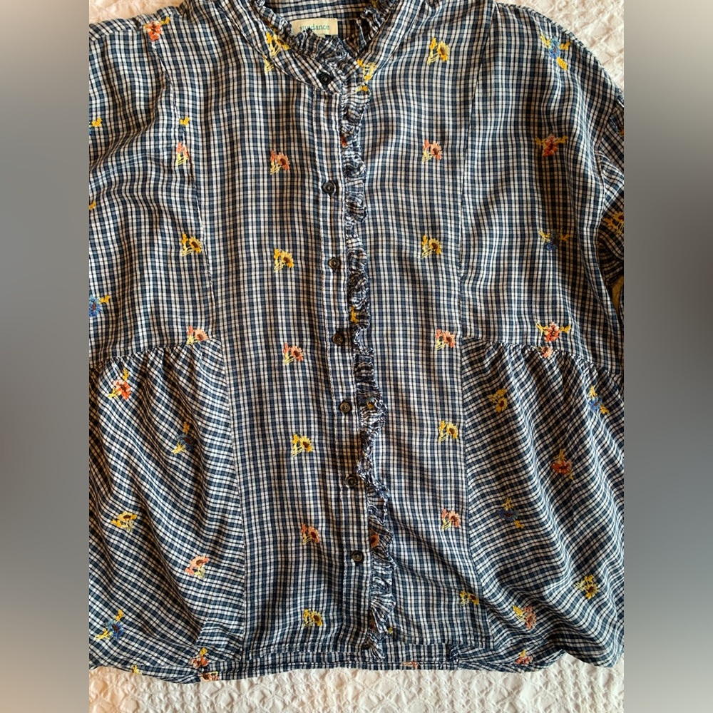 Sundance Navy Checkered Blouse with Floral Accents - Picture 7 of 16